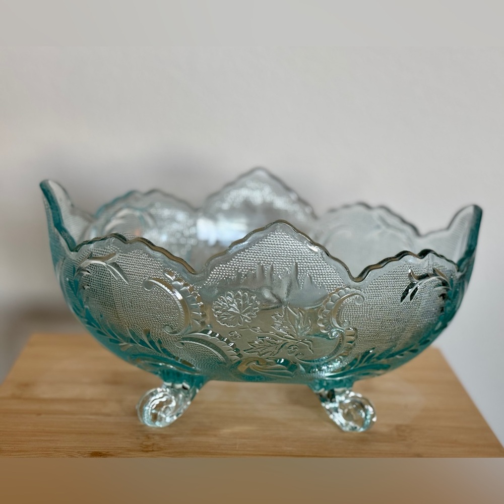 Vintage Jeannette Glass Lombardi Oval Light Blue Footed Bowl